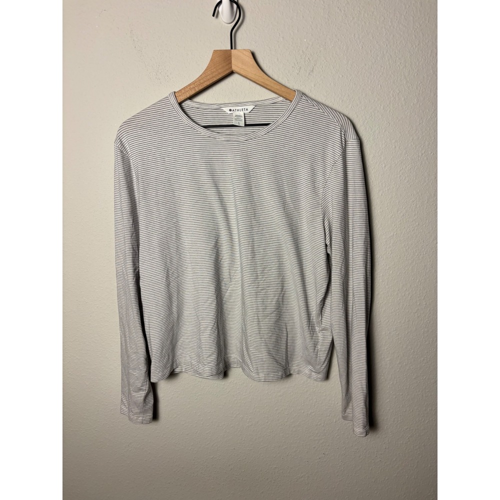 Athleta Womens Thin Striped Crewneck Long Sleeve Tee White Black Large L